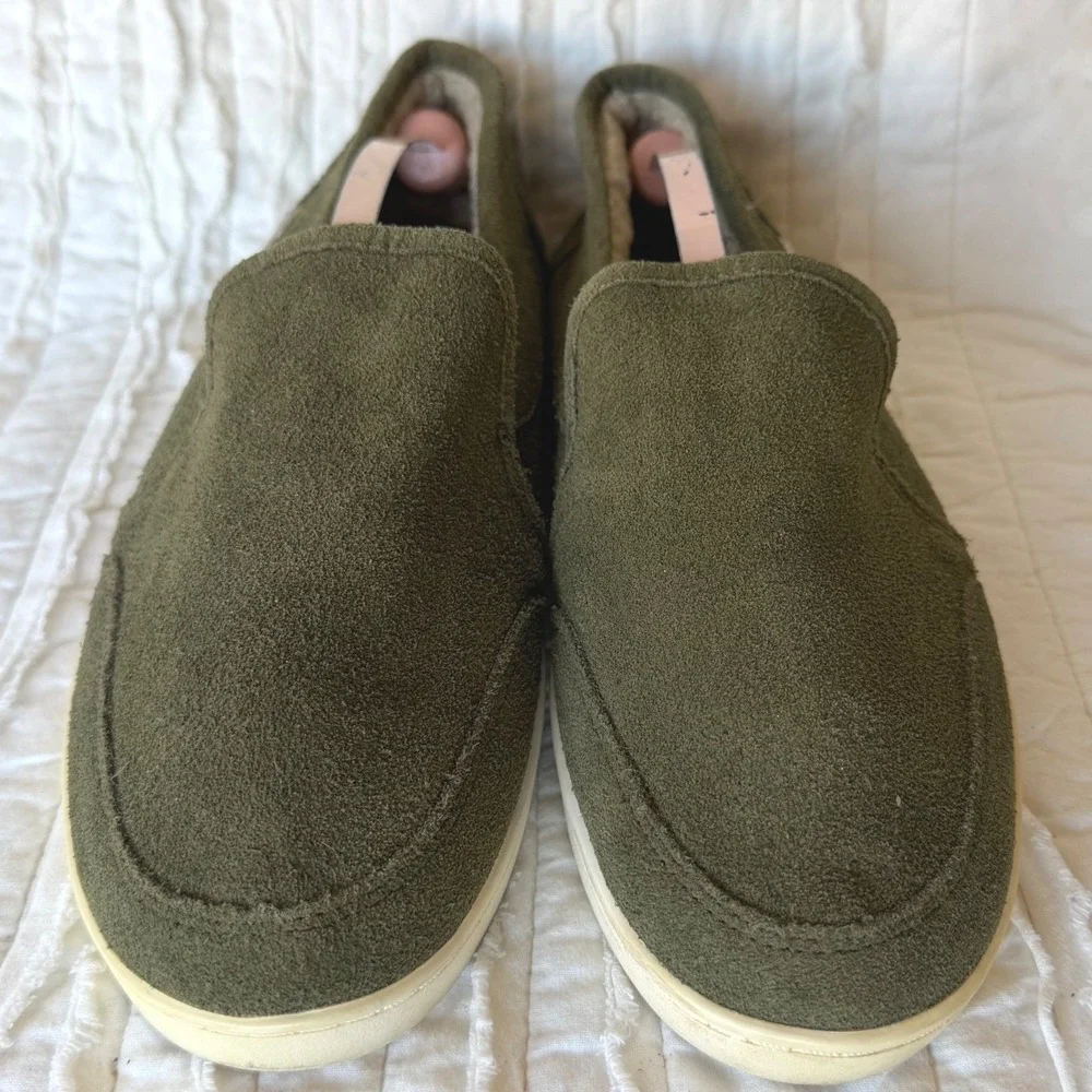 Sanuk Pair O Dice Chill Suede Slip On Olive Green Faux Fur Lined Womens 8.5